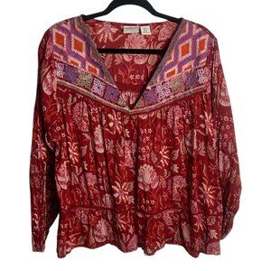 Rachel Zoe Size Xl Red Floral Embroidered Peasant Blouse Cotton Floral Boho